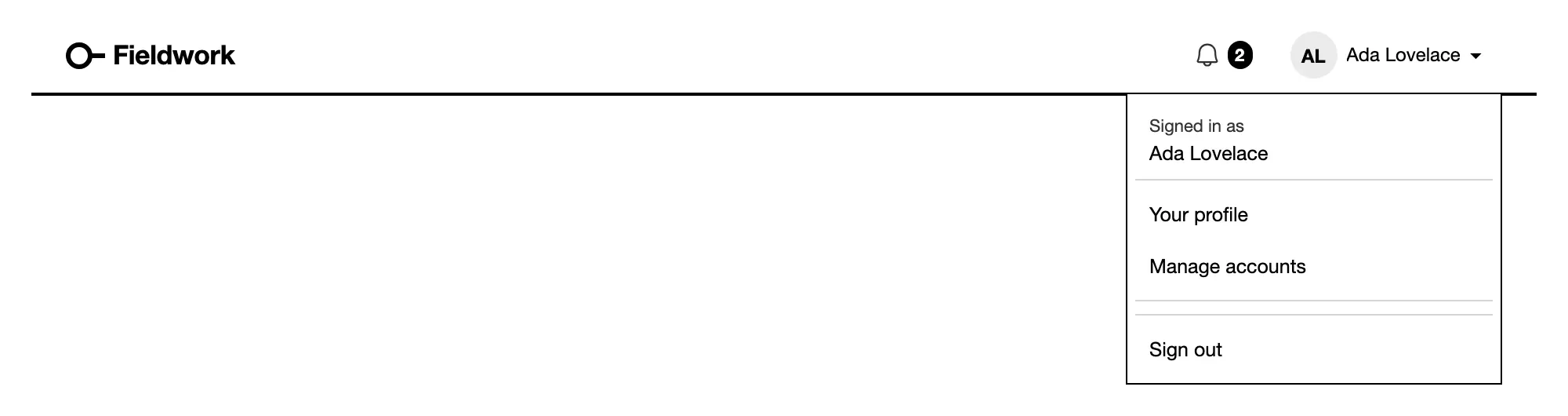 The account menu open under the signed-in name: Your profile, Manage accounts, Sign out.
