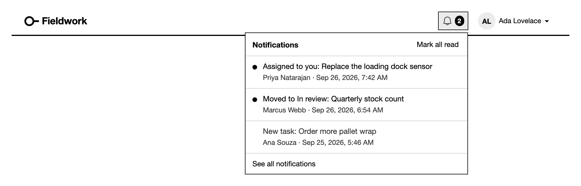 The bell open: three notifications, two unread, with Mark all read.