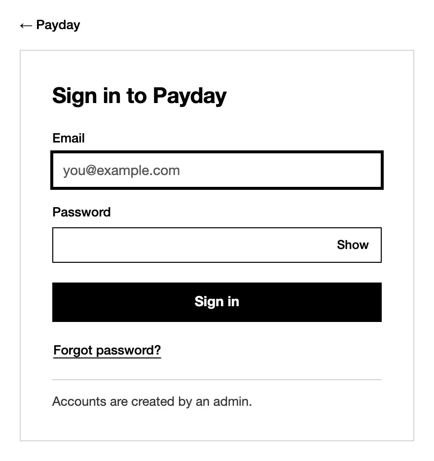 The sign-in screen: the App’s name, email and password fields, and a Sign in button.