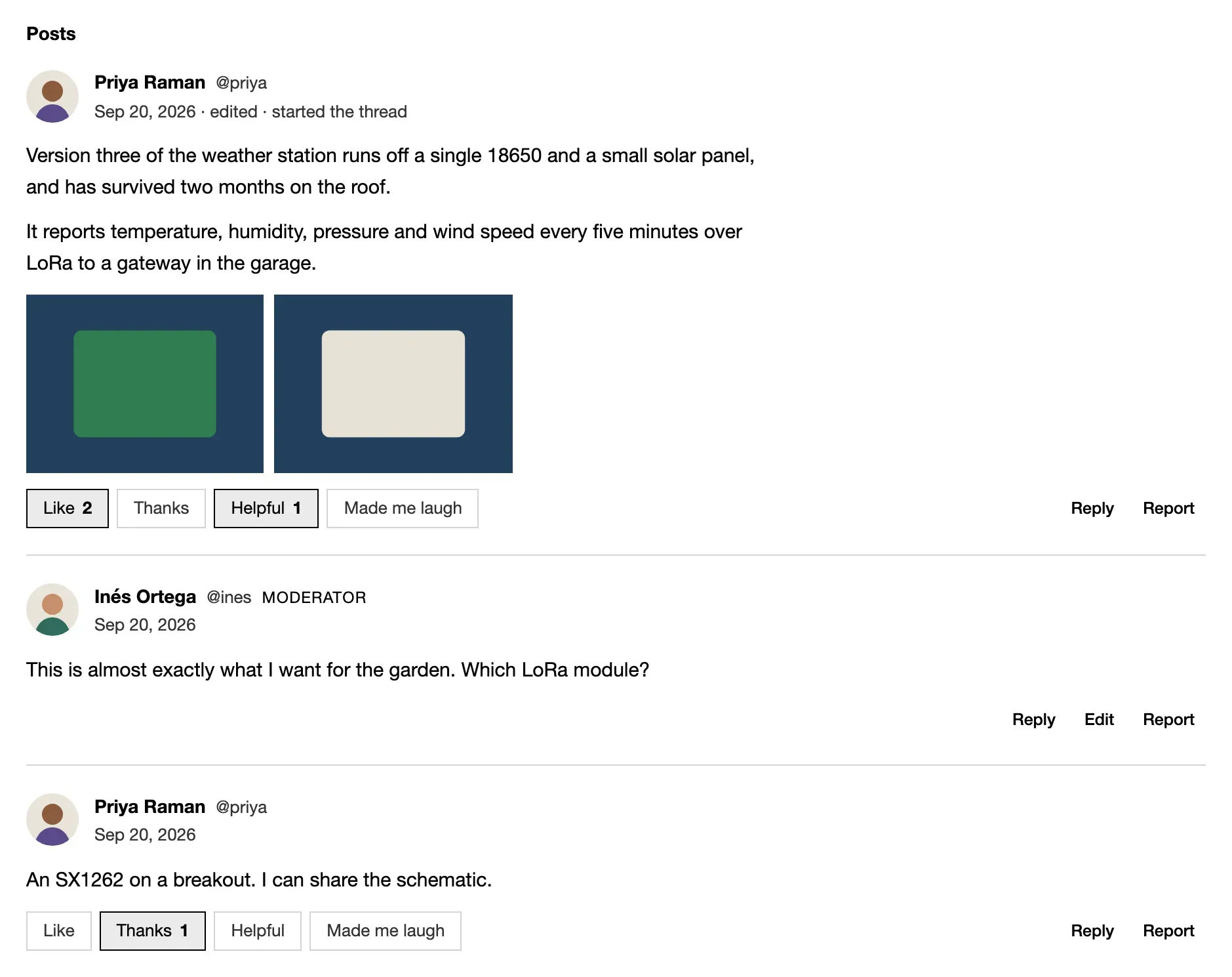 Commons’s post stream: posts with avatars, photos, reactions, and Reply and Report.