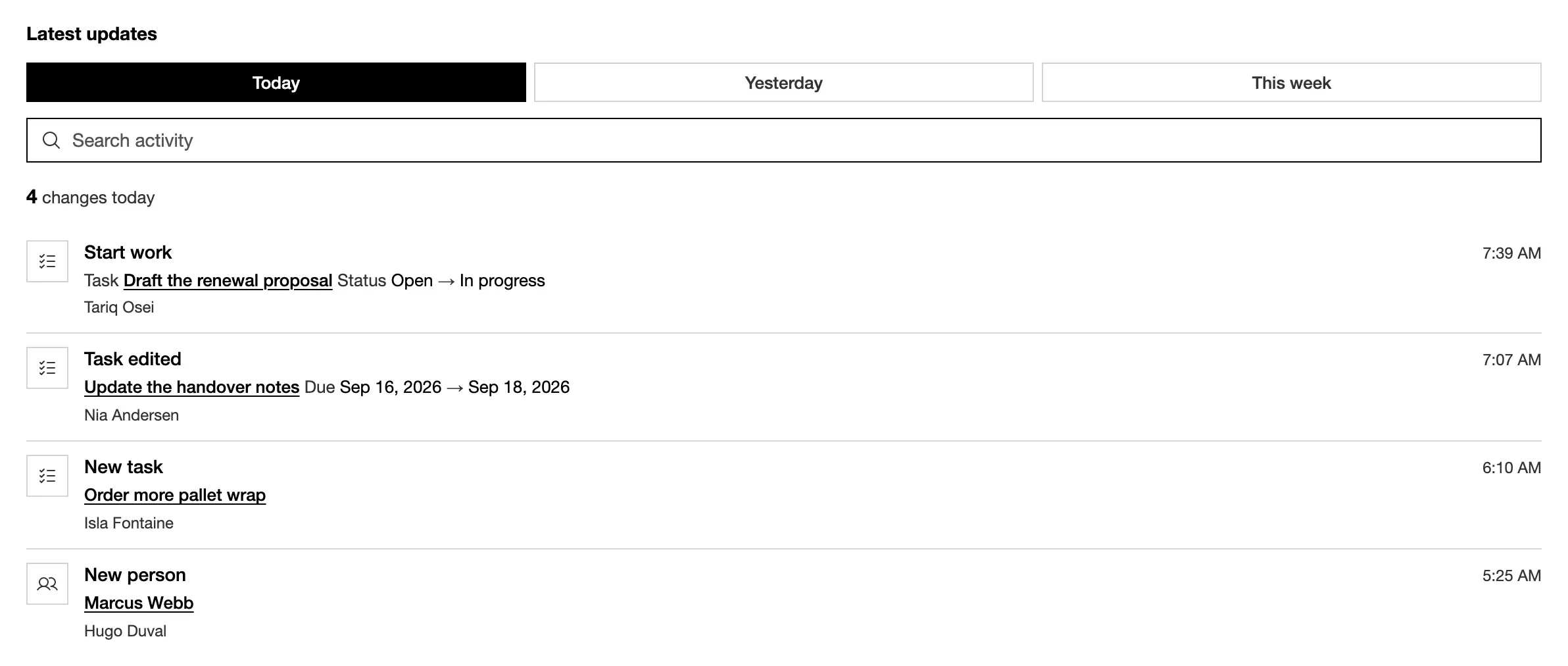 An activity feed: Today, Yesterday and This week, a search, and four changes, each with what the write did, the record, the field from what to what, who and when.