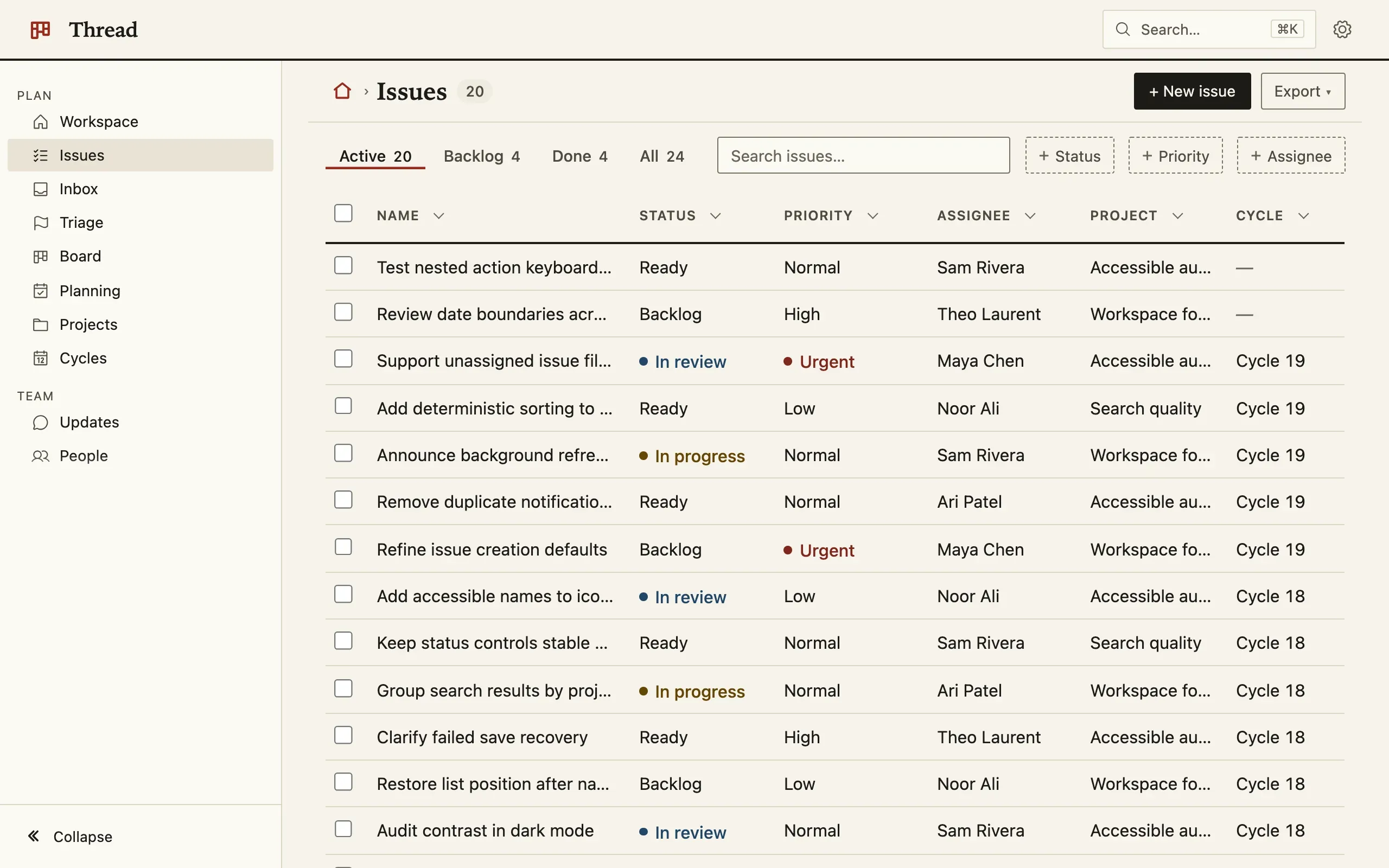 Thread’s Issues list in Ink: warm paper, small capitals over the columns, the active tab underlined in red.