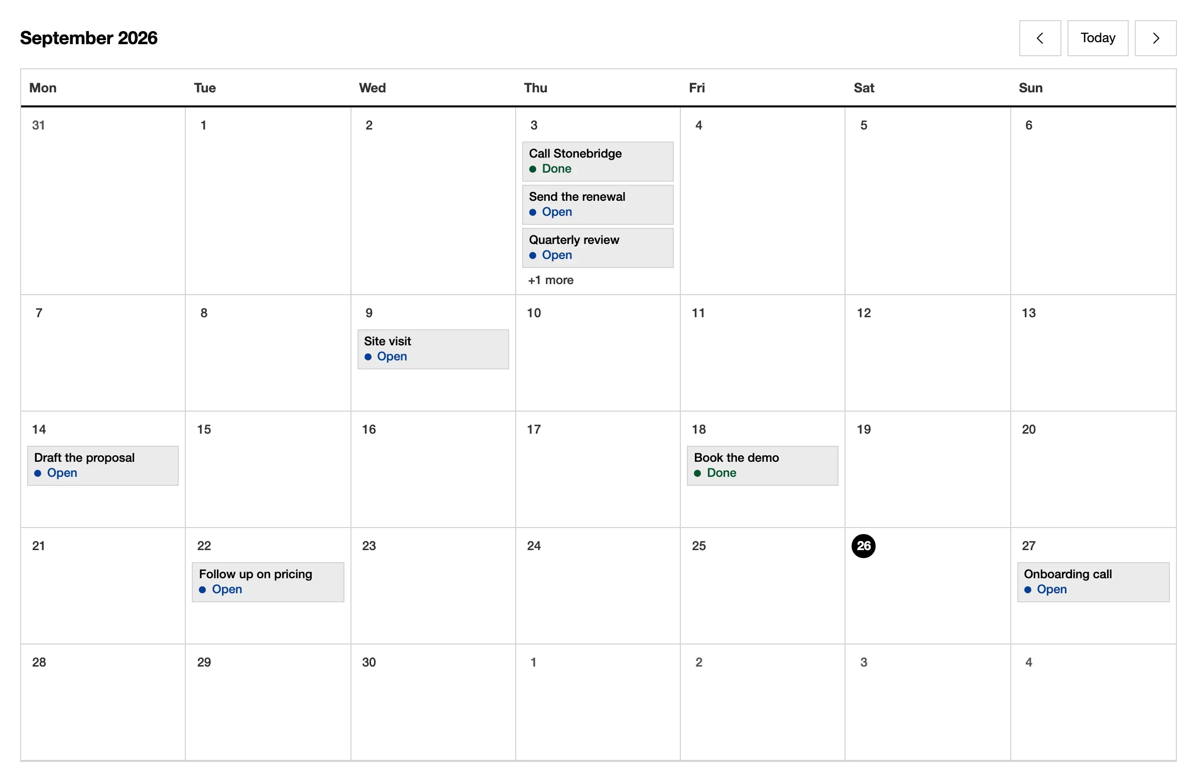 A month calendar with a task on each of several days.