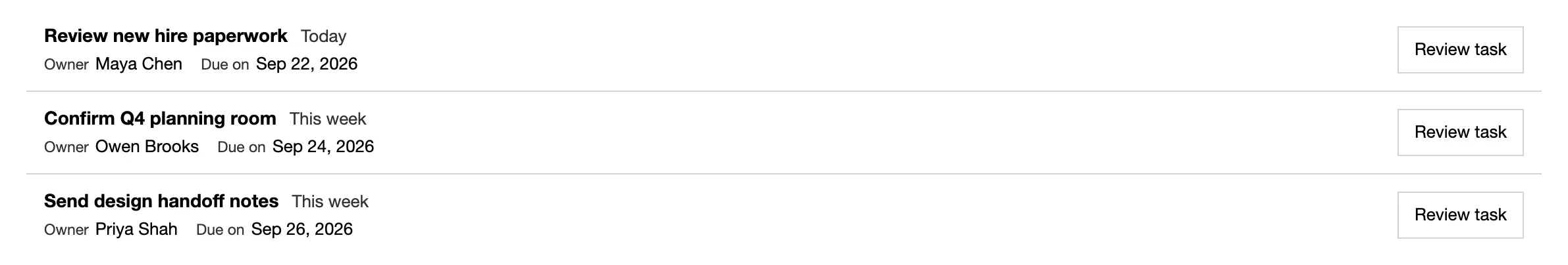 A queue of tasks: each row a title, its status badge, a line of facts and an Open button.