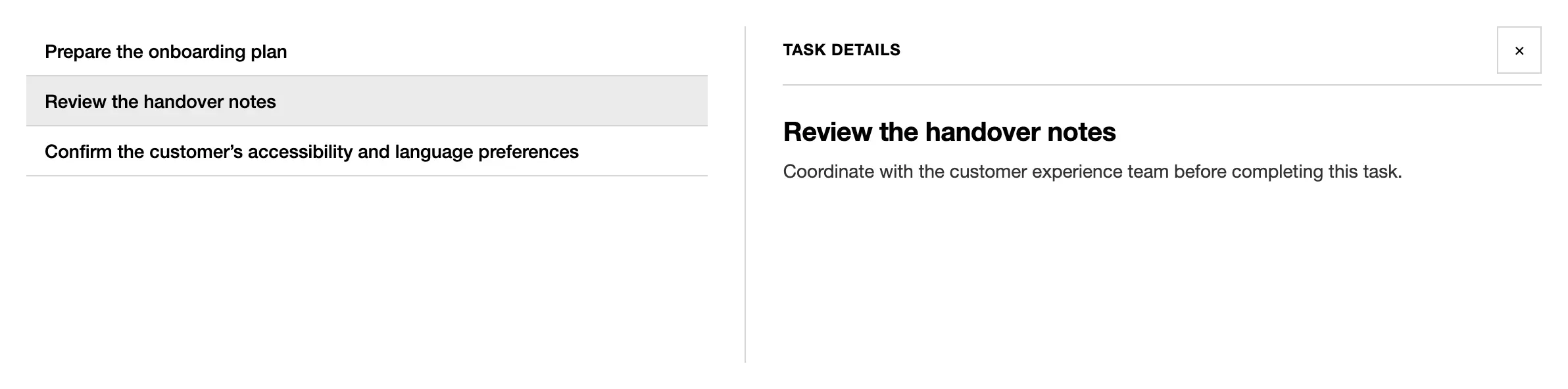A split inbox: a list of tasks on the left, the selected task’s details on the right.