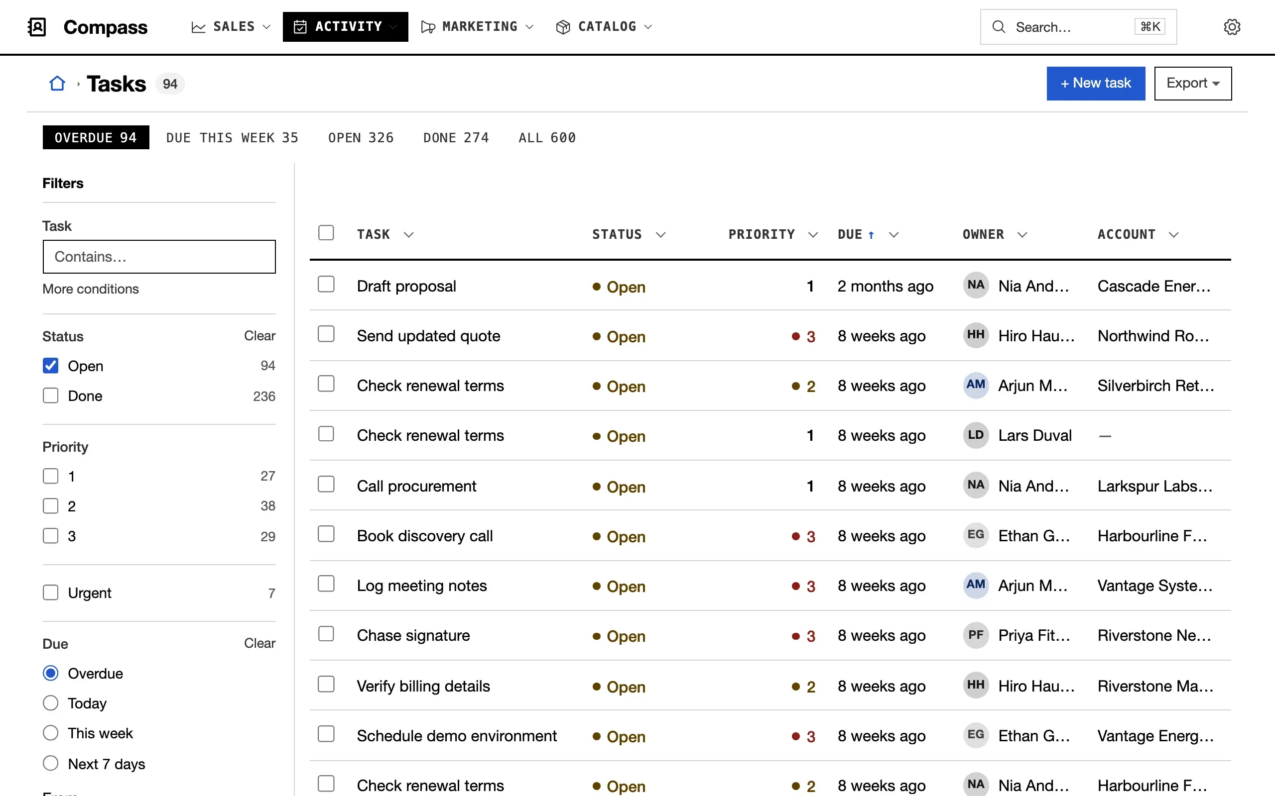 Compass’s tasks: counted tabs from Overdue to All, a rail of filters with counts on the left, and rows of task, status, priority, due date, owner and account.