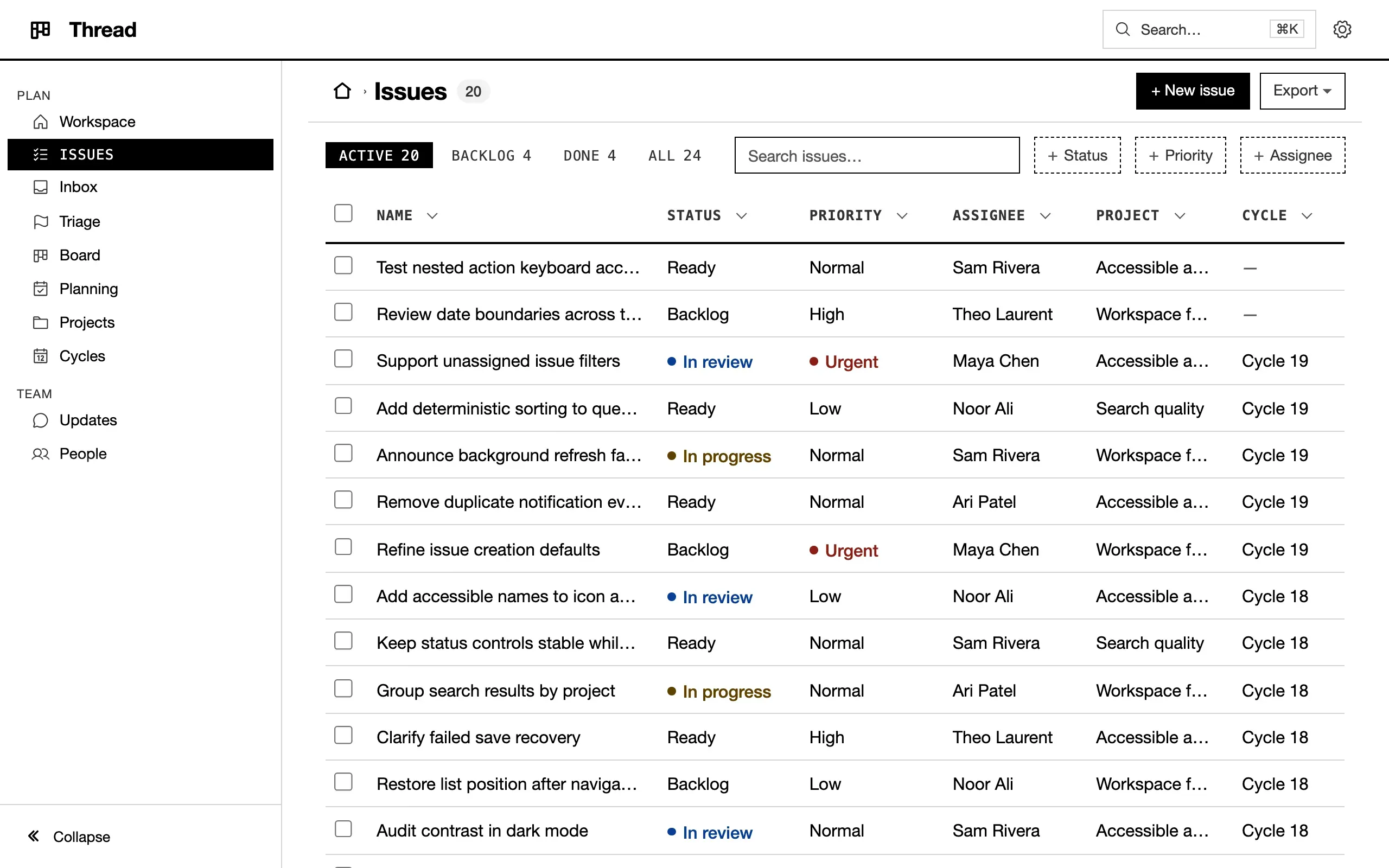 Thread’s Issues list in Mono: black and white, the active tab inverted, monospace tabs and column heads.