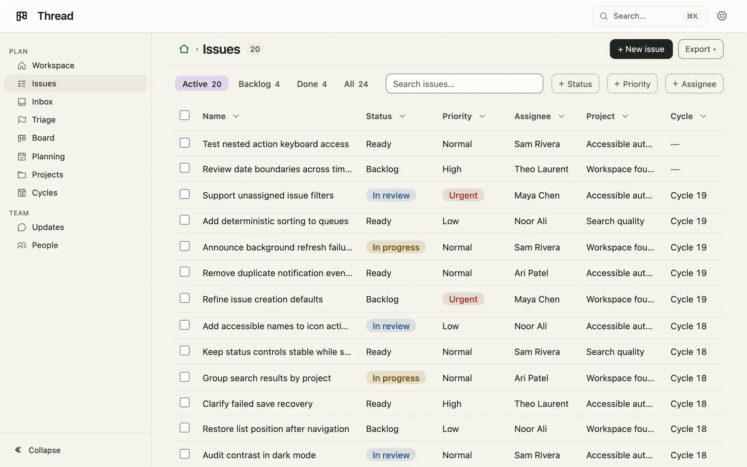 Thread’s Issues list in Sage: a cream ground, the list open on it under hairlines, the chosen tab in a warm tint, statuses as tinted pills.