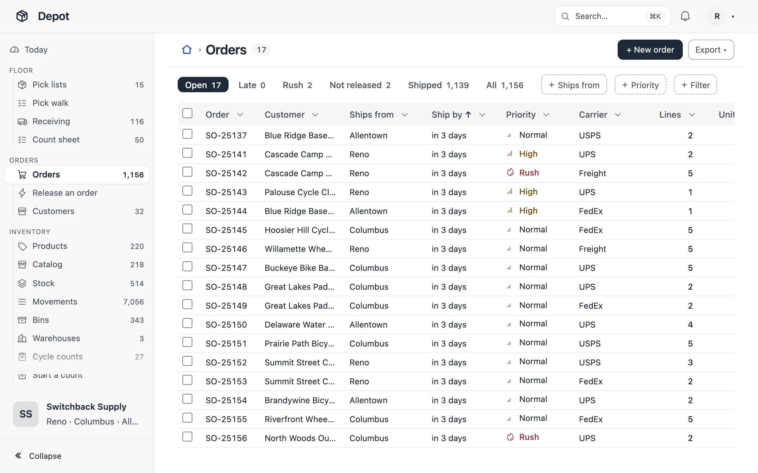 Depot’s orders in the Tray look: a package mark, a side menu grouped into Floor, Orders and Inventory with a count beside each list, and the orders grid with counted tabs.