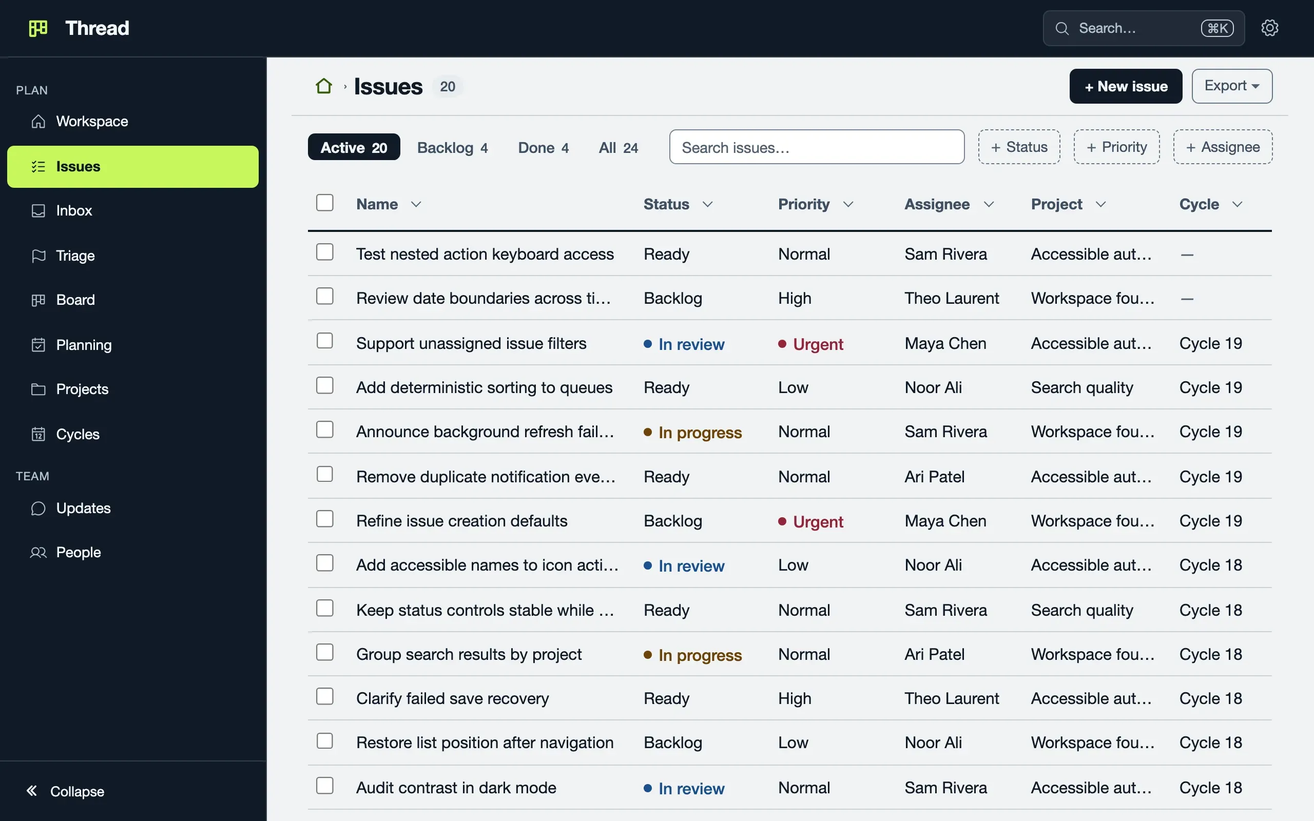 Thread’s Issues list in Signal: a deep blue-black sidebar, the current room an electric-lime block, the active tab filled in ink.