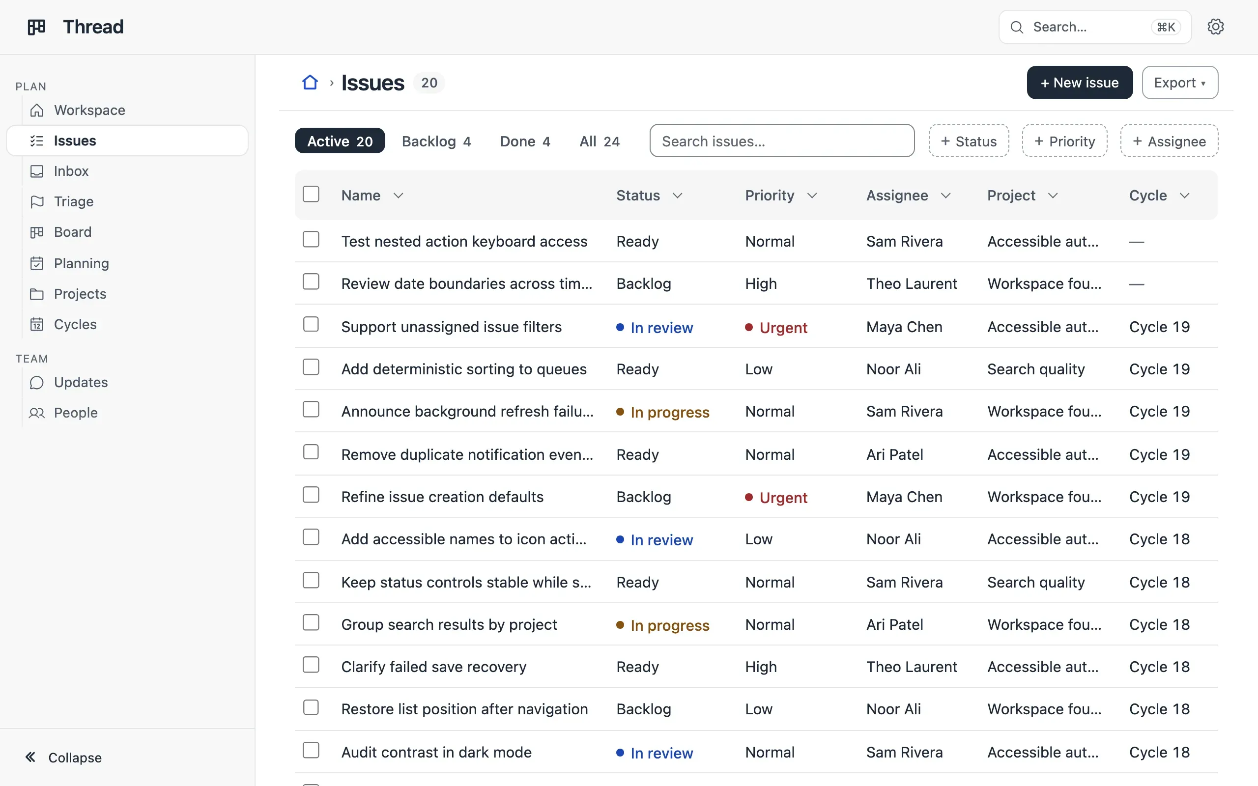 Thread’s Issues list in Tray: a soft grey sidebar beside a white pane, the current room a white block on a hairline, the column heads on a tinted band, the active tab filled in ink.